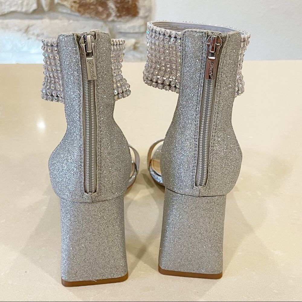 Jewel Badgley Mischka Fennella Rhinestone Silver Glitter Chunky Heel Sandals 8 - Picture 7 of 11